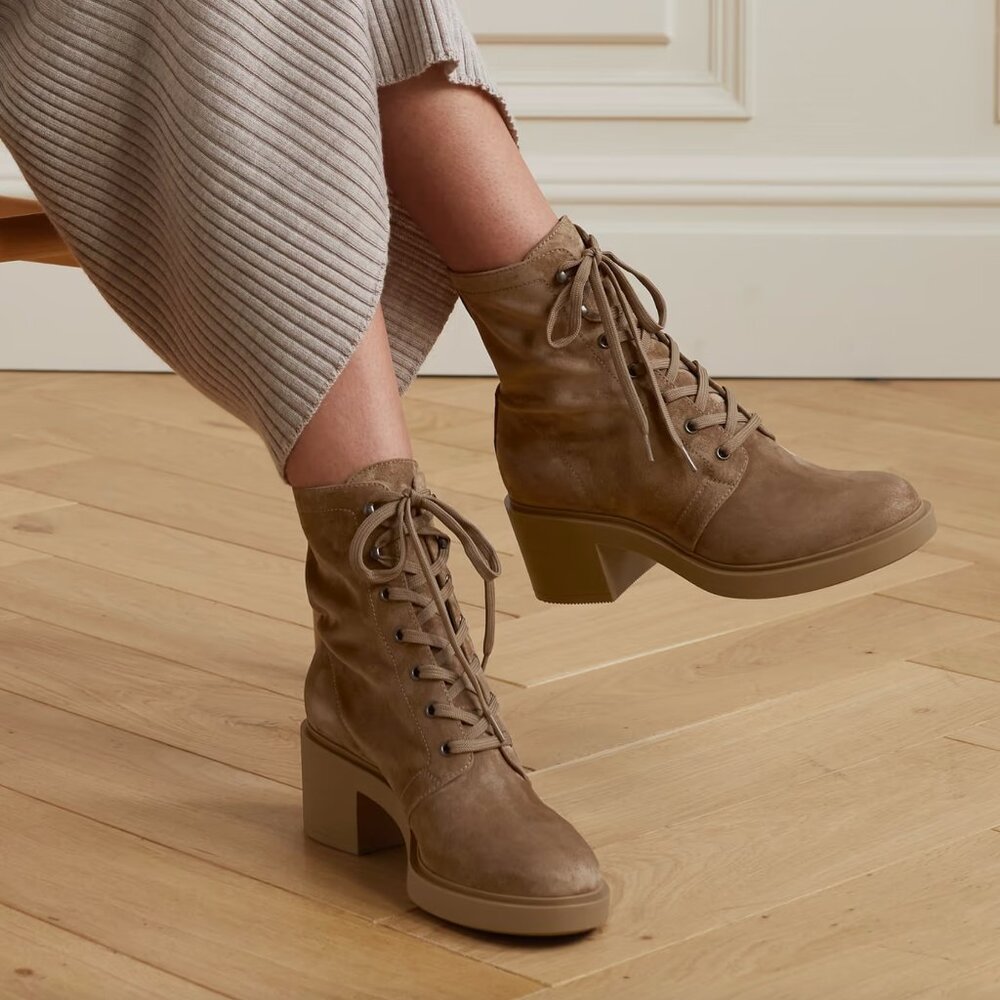 Gianvito Rossi Foster Lace-Up Combat Boots in Camel Suede